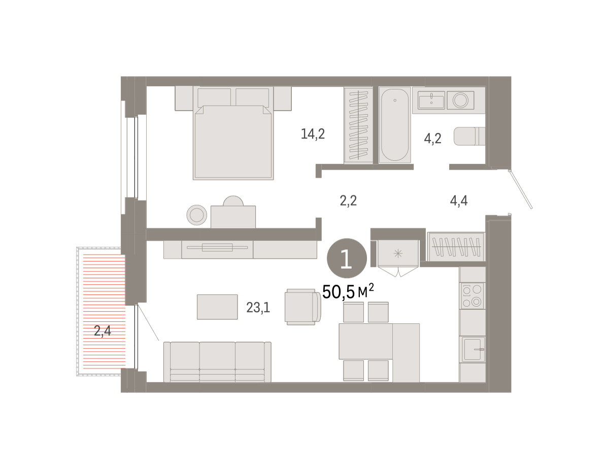Планировка: Евродвушка 50.5 м² в ЖК Зарека, Заречный