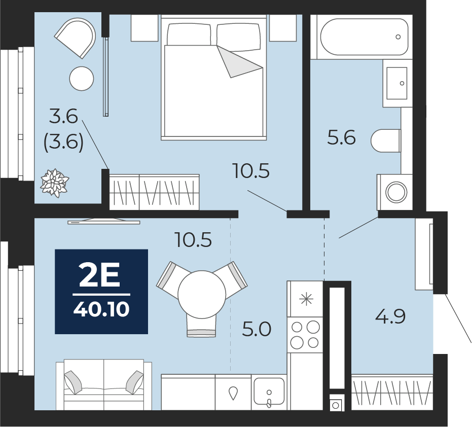 Планировка: Евродвушка 40.1 м² в ЖК Мириады, Мыс