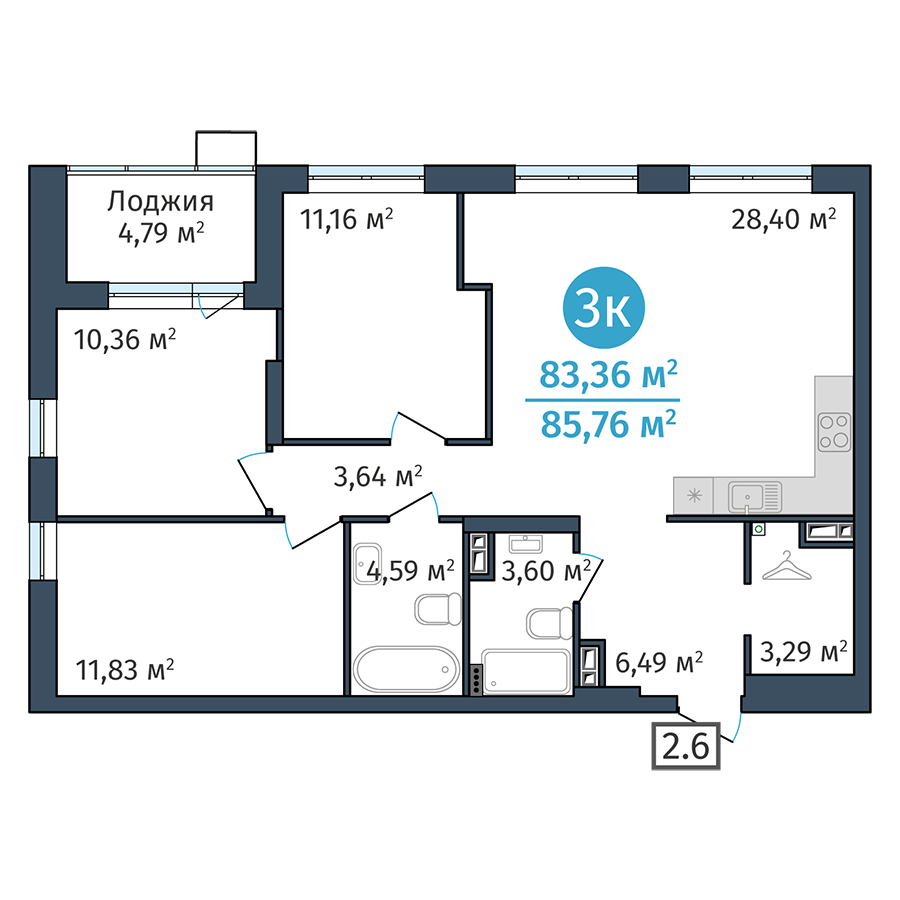 Планировка: 4-комнатная евро 83.4 м² в ЖК DOK, ДОК