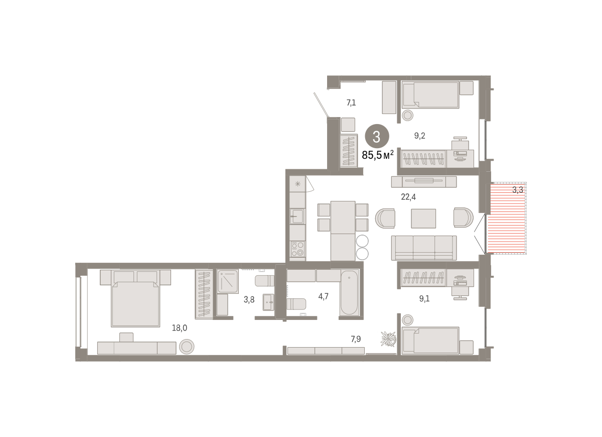 Планировка: 3-комнатная 85.5 м² в ЖК Республики 205, Центр: КПД