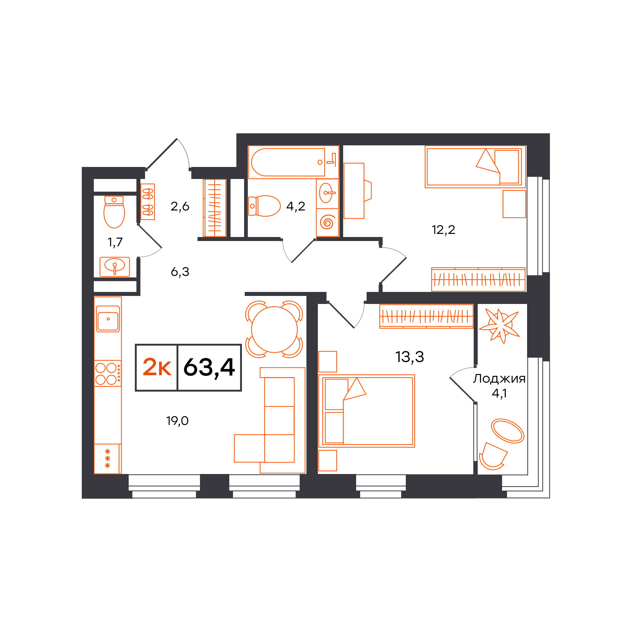 Планировка: Евротрешка 63.4 м² в ЖК Отличие, Комарово Парк