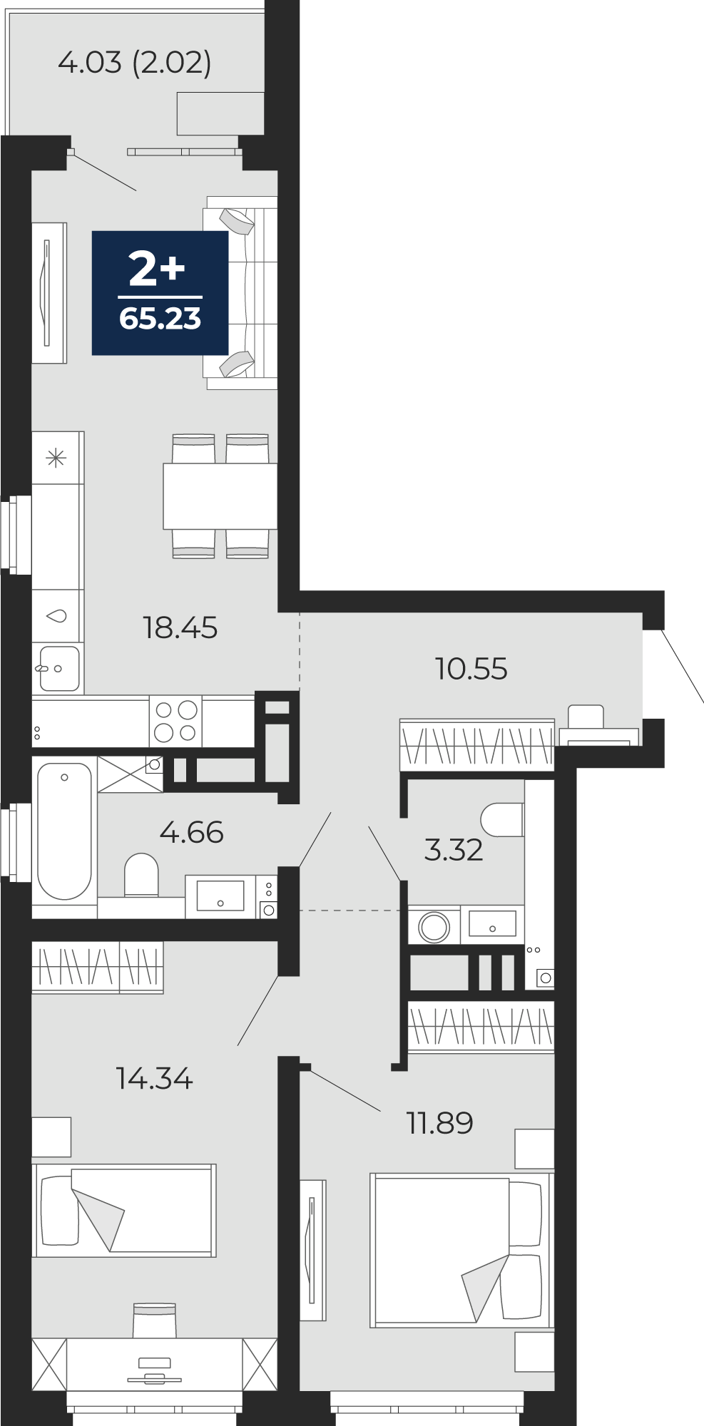 Планировка: Евротрешка 67.2 м² в ЖК Прео, Тюменская слобода