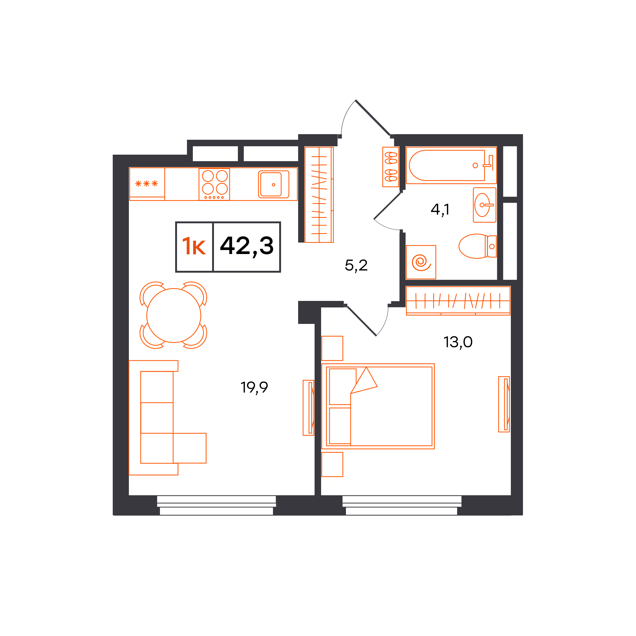Планировка: Евродвушка 42.3 м² в ЖК Отличие, Комарово Парк