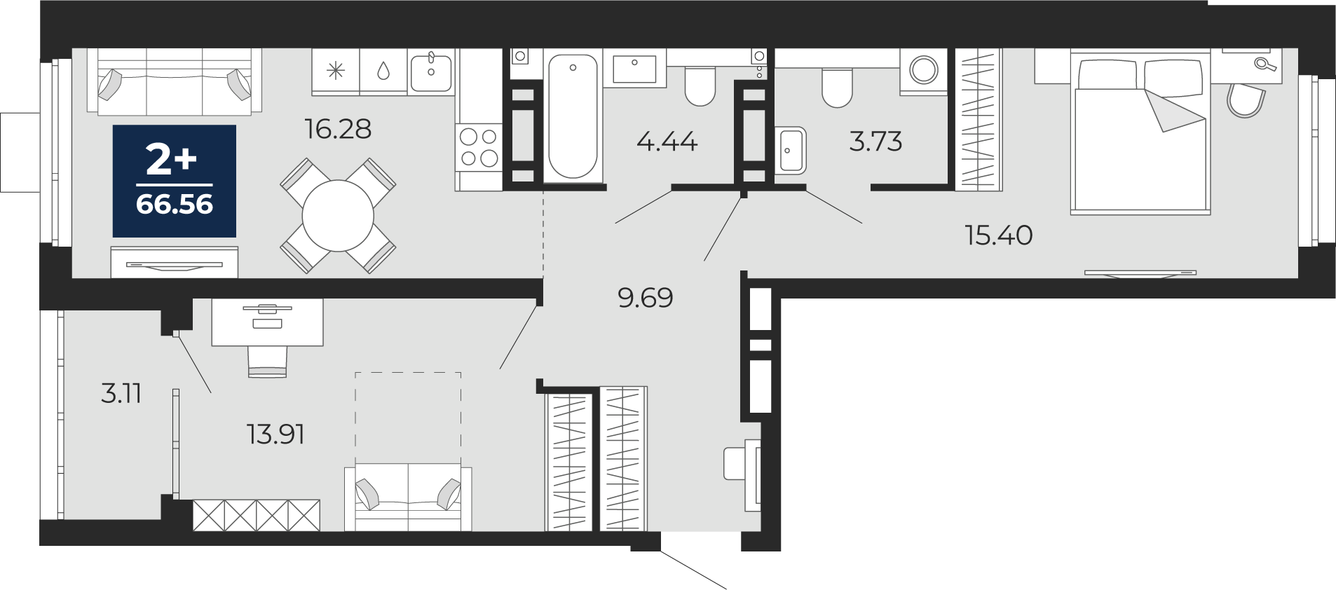 Планировка: Евротрешка 66.6 м² в ЖК Прео, Тюменская слобода