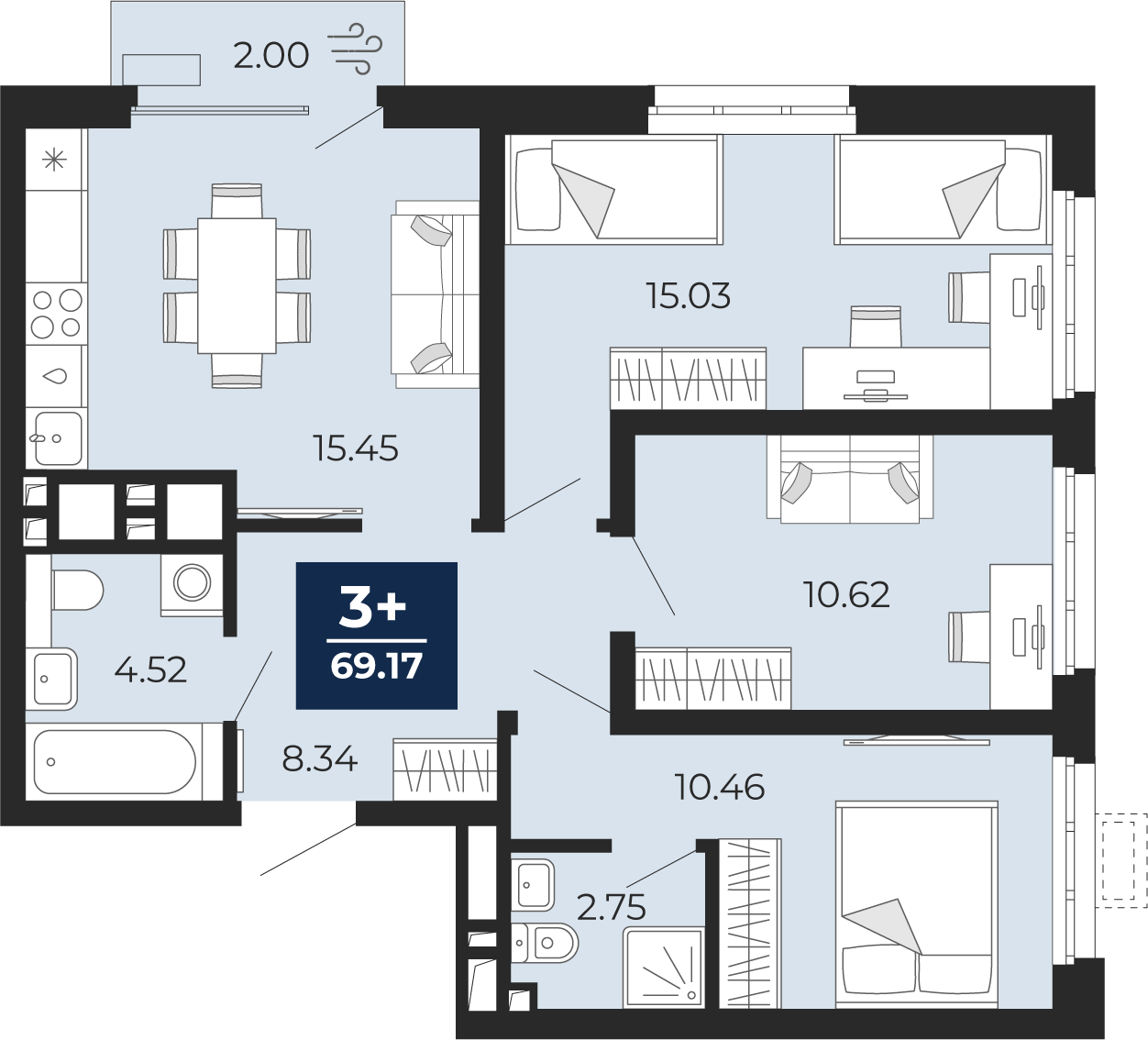 Планировка: 4-комнатная евро 69.2 м² в ЖК Беринг, Лесобаза