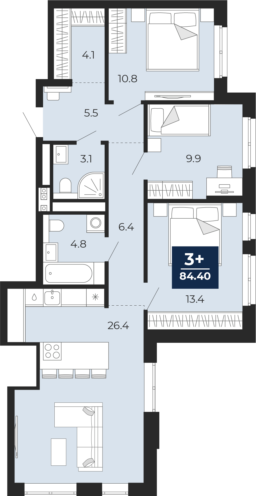 Планировка: 4-комнатная евро 84.4 м² в ЖК Мириады, Мыс