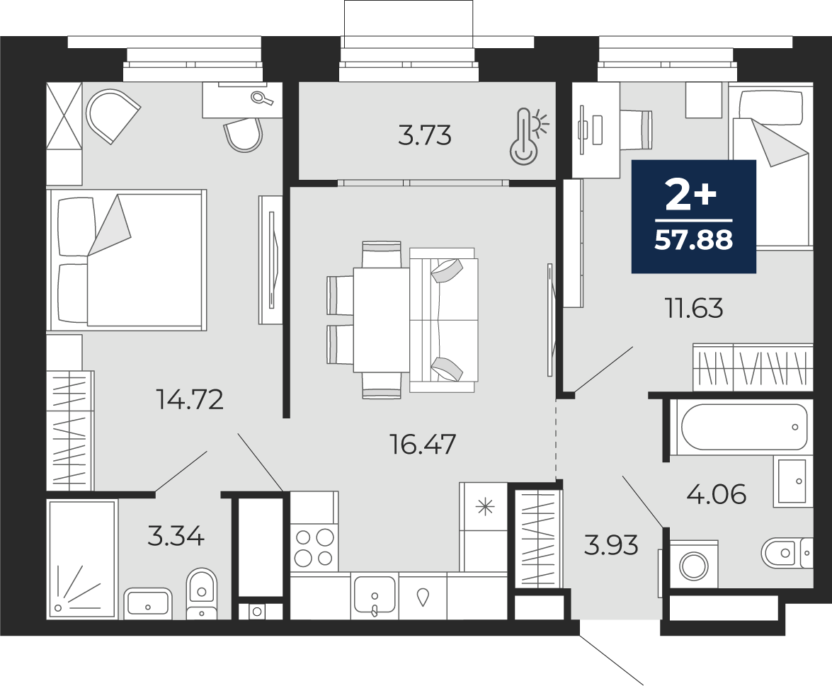 Планировка: Евротрешка 57.9 м² в ЖК Мириады, Мыс