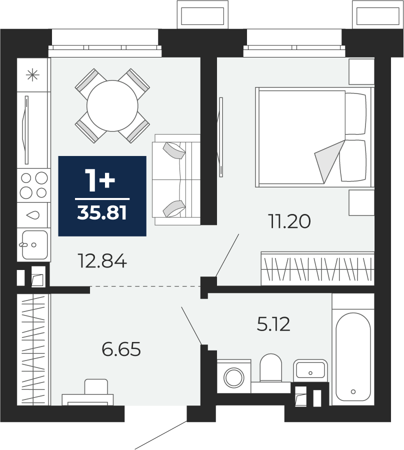 Планировка: 1-комнатная 35.8 м² в ЖК Беринг, Лесобаза