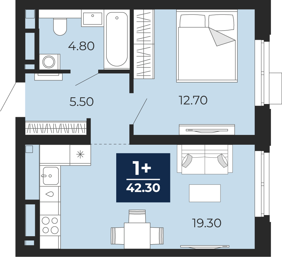 Планировка: 1-комнатная 42.3 м² в ЖК Айвазовский, 5-й Заречный