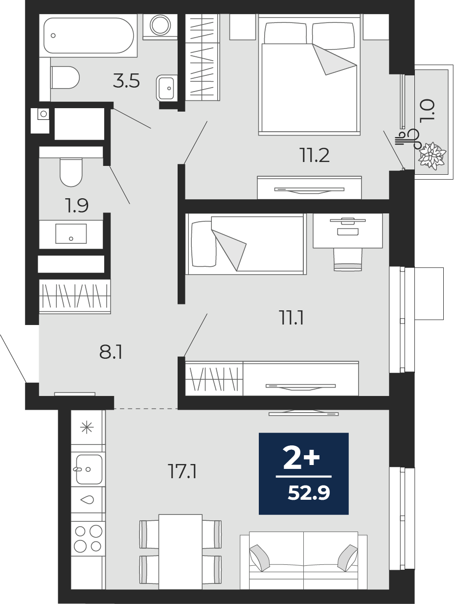 Планировка: Евротрешка 54.8 м² в ЖК Мириады, Мыс