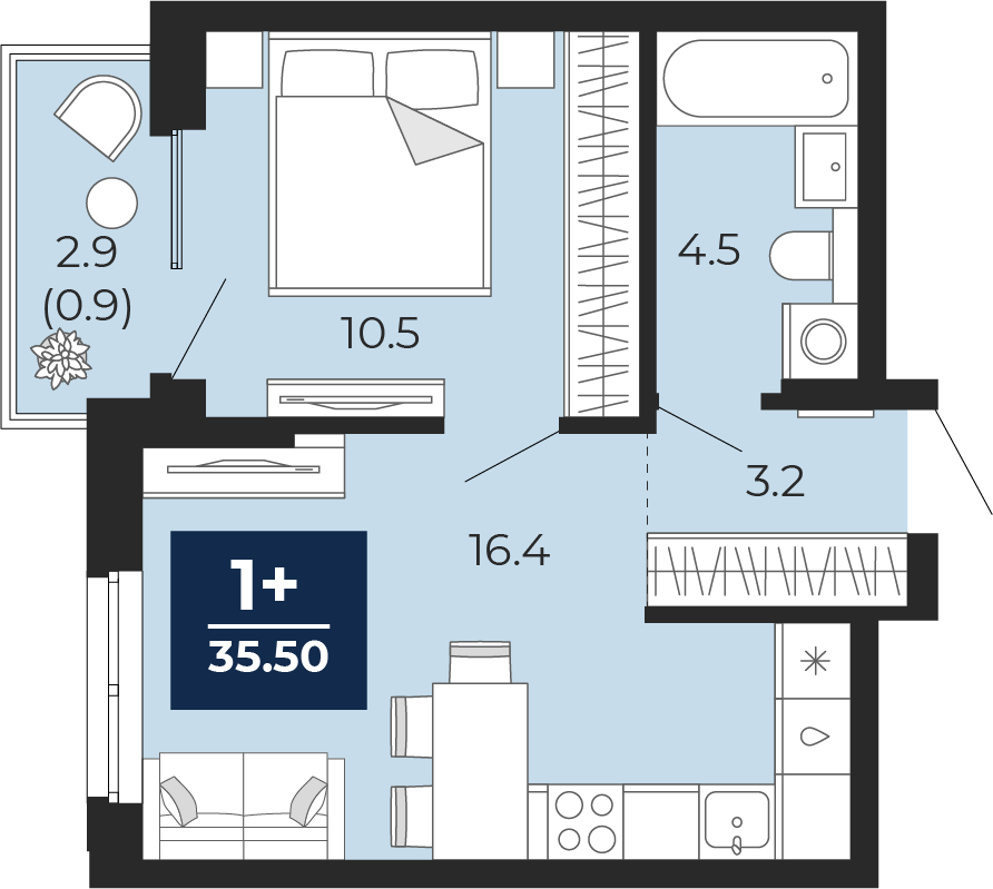 Планировка: Евродвушка 37.5 м² в ЖК Мириады, Мыс