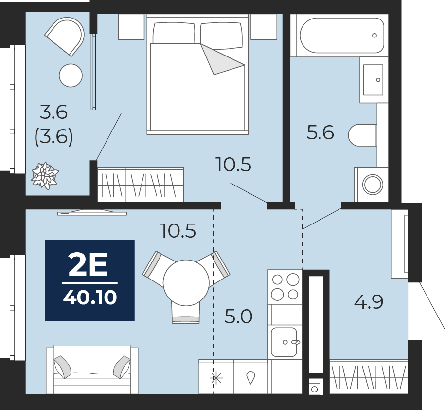 Планировка: Евродвушка 40.1 м² в ЖК Мириады, Мыс