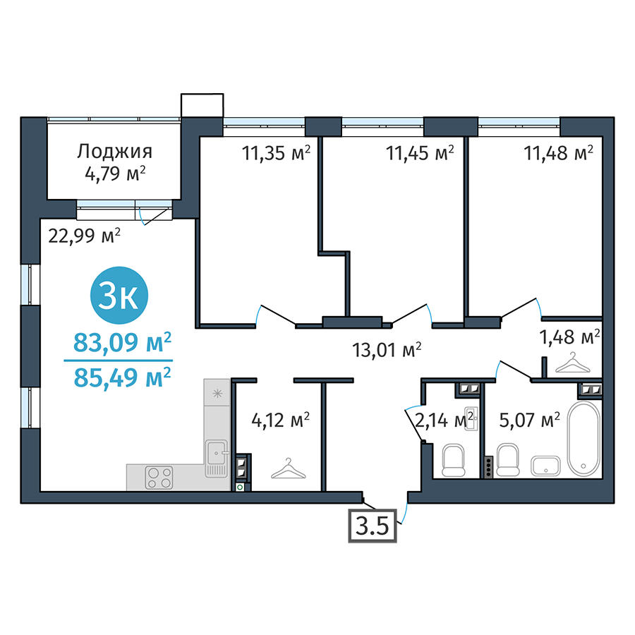 Планировка: 4-комнатная евро 83.1 м² в ЖК DOK, ДОК