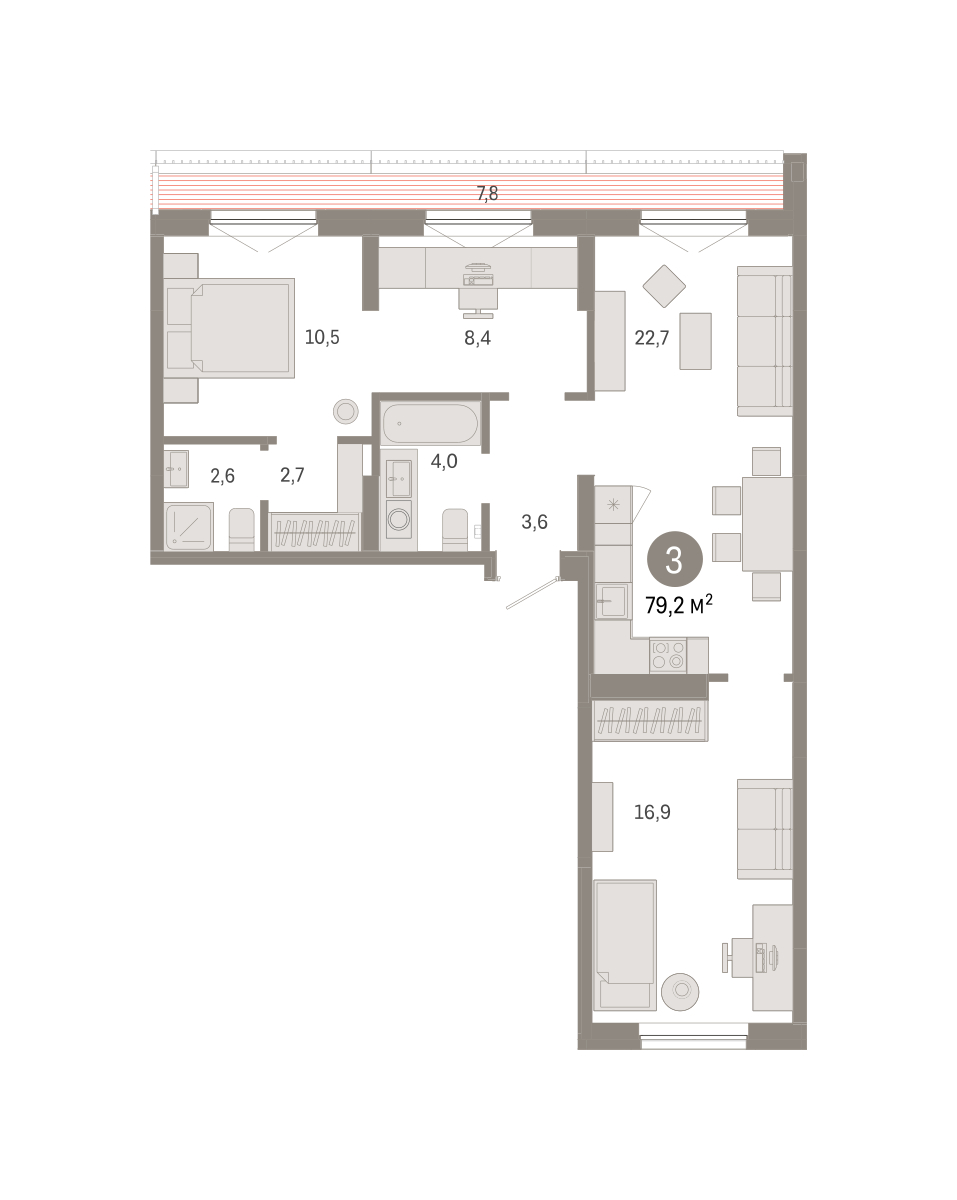 Планировка: 3-комнатная 79.2 м² в ЖК Октябрьский на Туре, ДОК