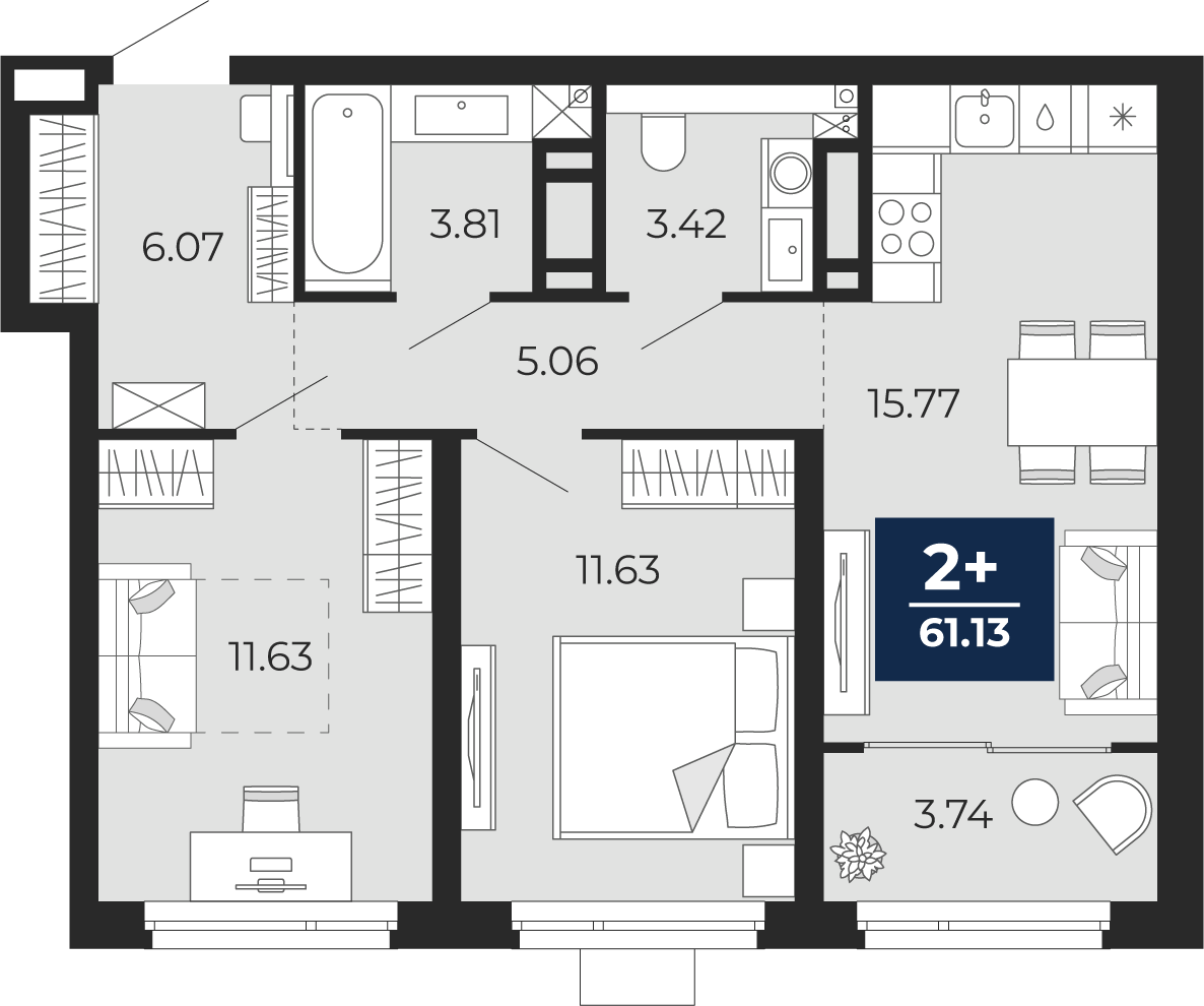 Планировка: Евротрешка 61.1 м² в ЖК Прео, Тюменская слобода
