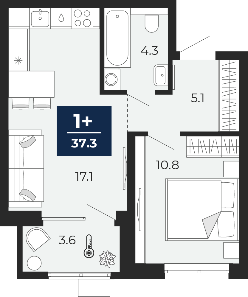 Планировка: Евродвушка 41.2 м² в ЖК Мириады, Мыс