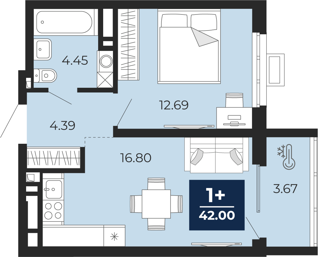 Планировка: Евродвушка 42 м² в ЖК Беринг, Лесобаза