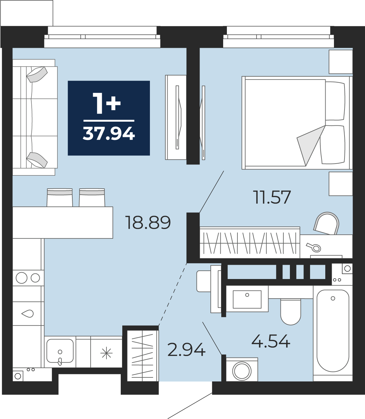Планировка: Евродвушка 37.9 м² в ЖК Прео, Тюменская слобода