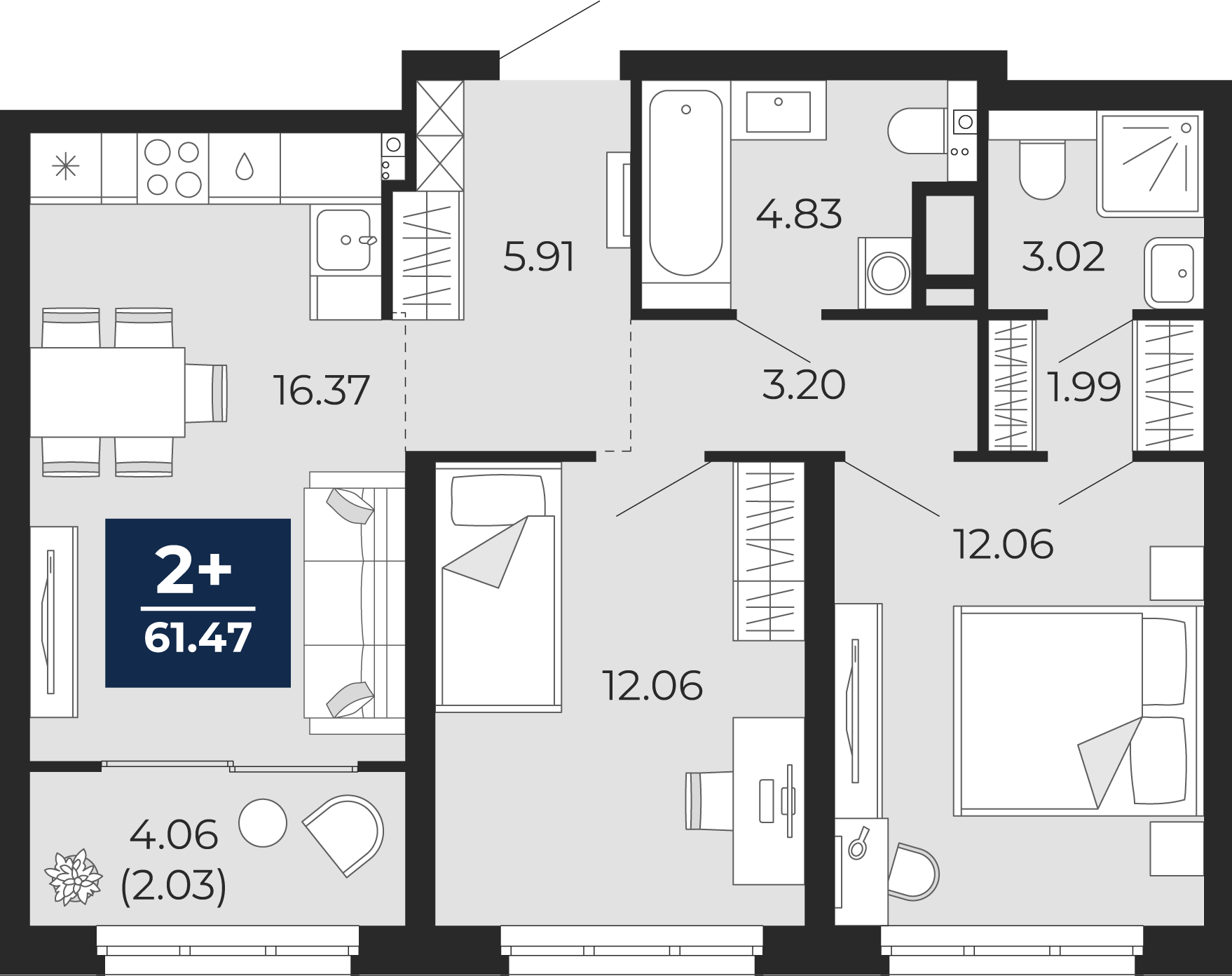 Планировка: Евротрешка 63.5 м² в ЖК Прео, Тюменская слобода