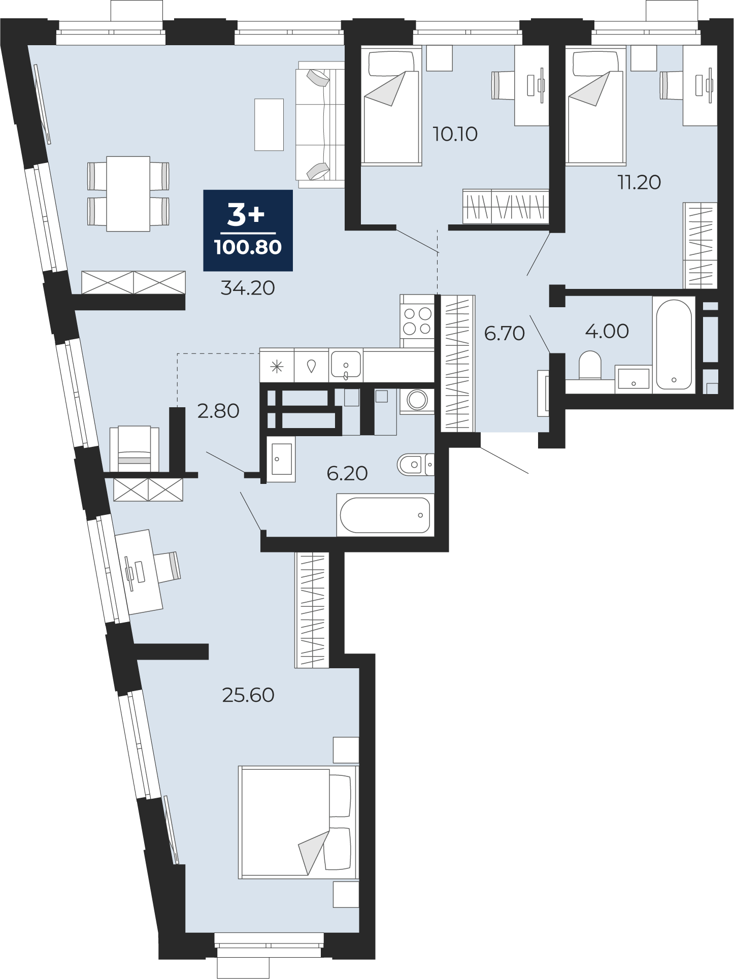 Планировка: 4-комнатная евро 100.8 м² в ЖК Айвазовский, 5-й Заречный