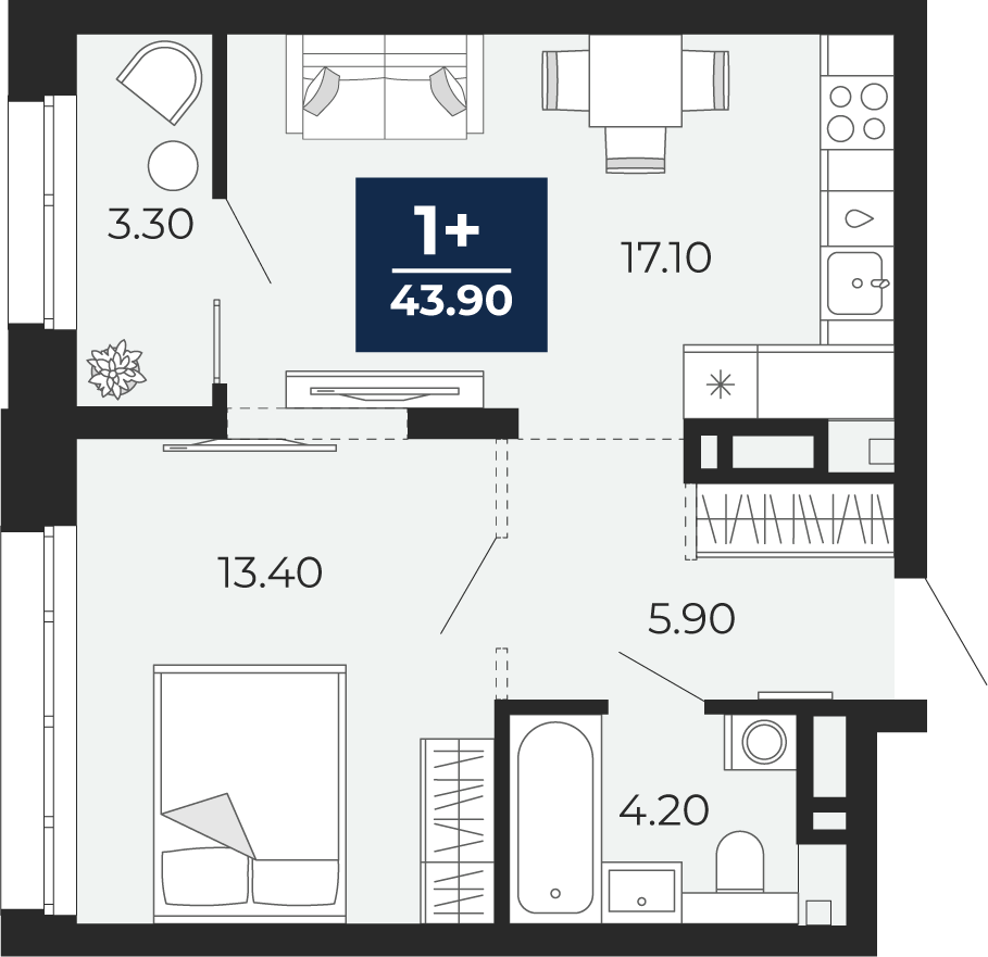 Планировка: Евродвушка 43.9 м² в ЖК Айвазовский, 5-й Заречный