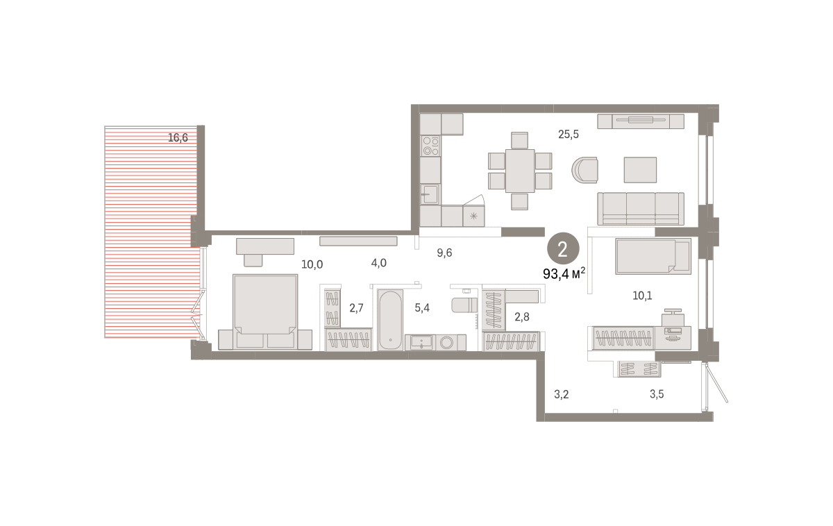Планировка: Евротрешка 93.4 м² в ЖК Республики 205, Центр: КПД