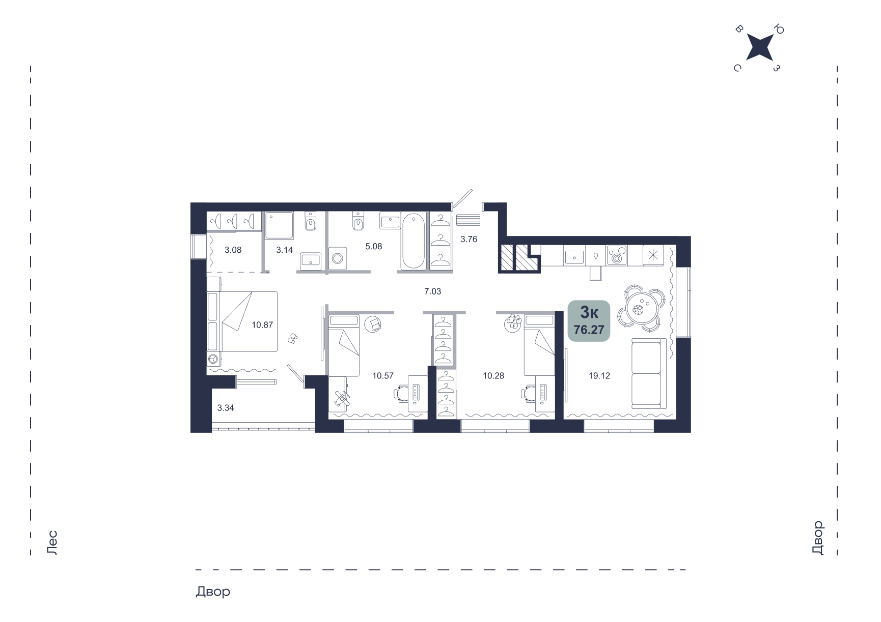 Планировка: 4-комнатная евро 76.3 м² в ЖК Хито, От Слободы до Комарово парк
