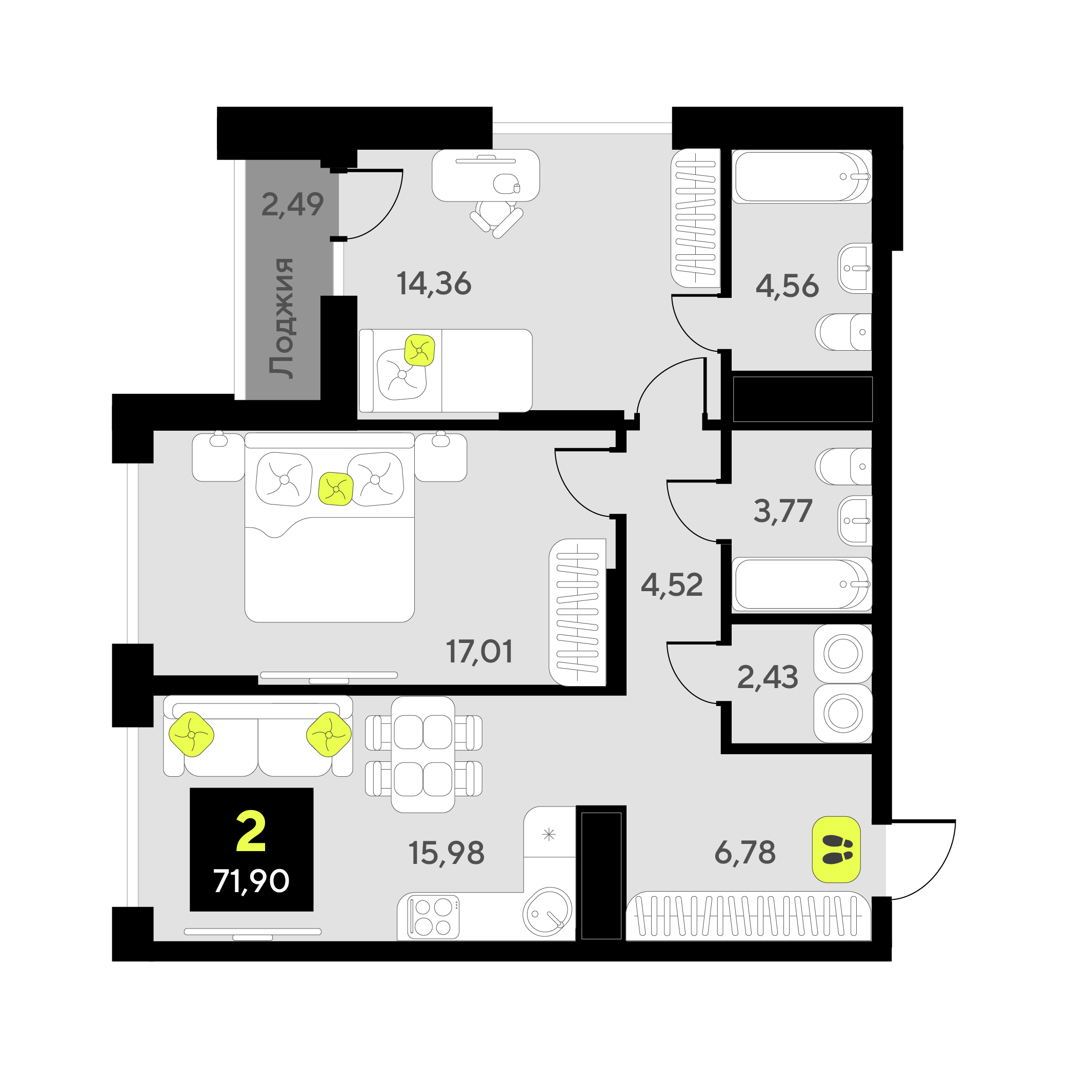 Планировка: Евротрешка 71.9 м² в ЖК Окинава, 5-й Заречный