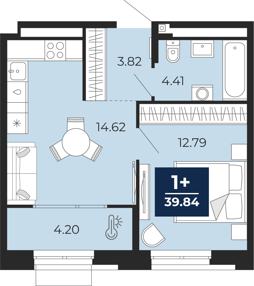 Планировка: Евродвушка 39.8 м² в ЖК Мириады, Мыс