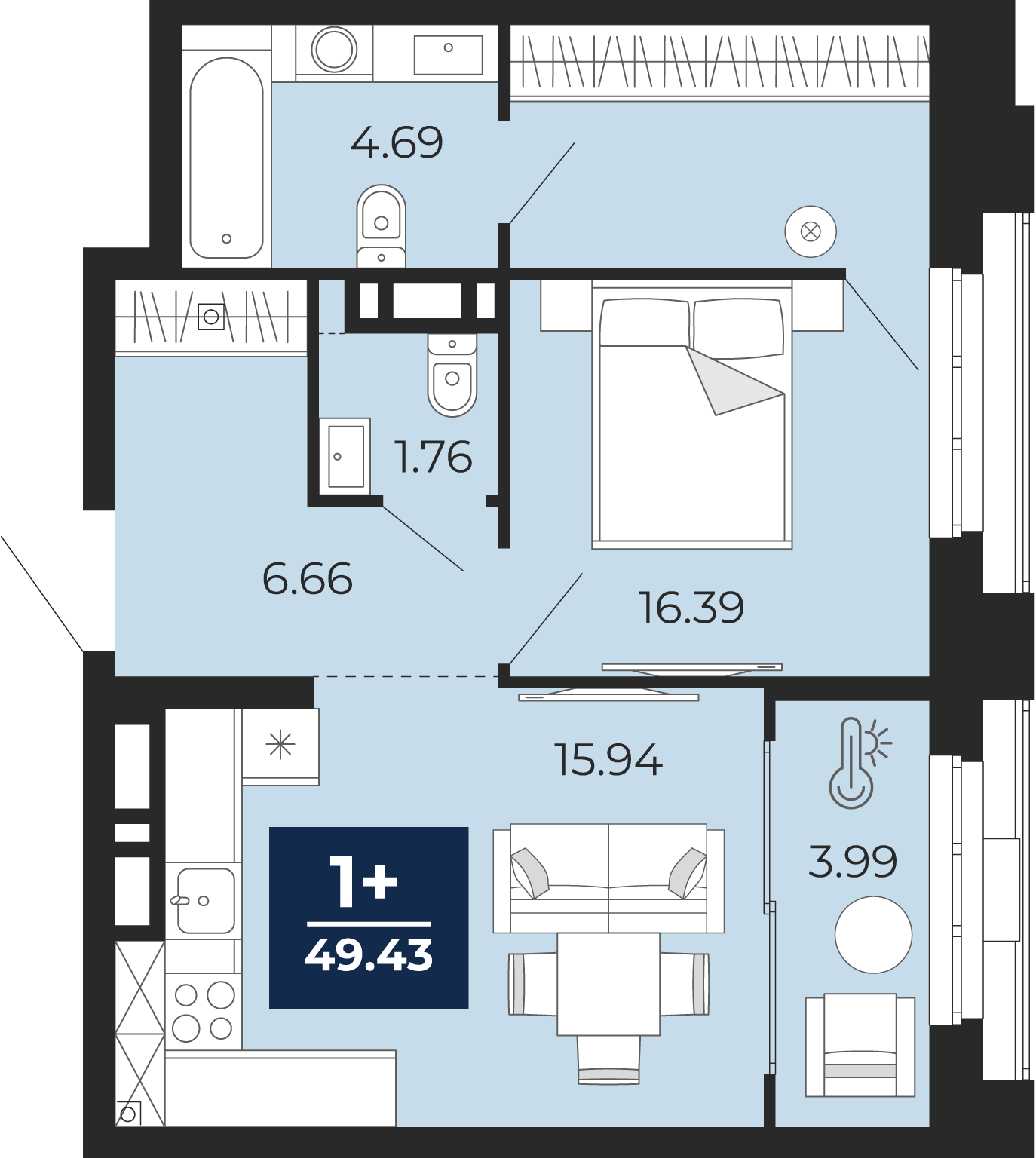 Планировка: Евродвушка 49.4 м² в ЖК Айвазовский, 5-й Заречный