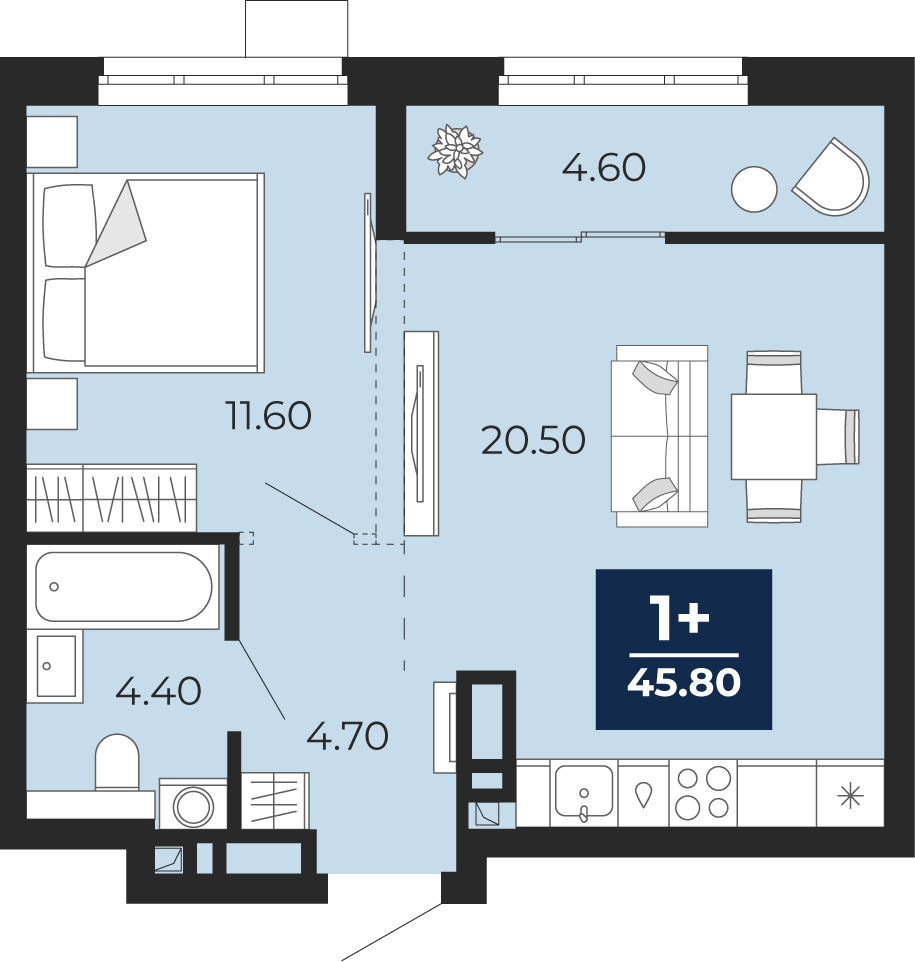 Планировка: Евродвушка 45.8 м² в ЖК Айвазовский, 5-й Заречный