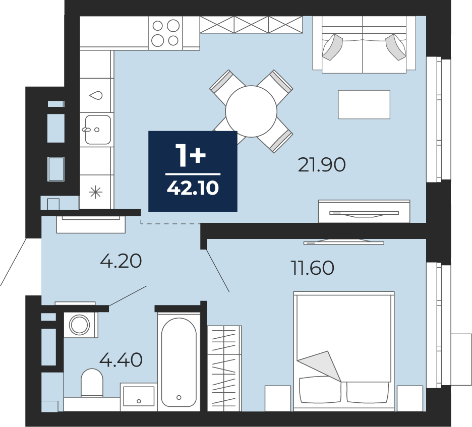 Планировка: Евродвушка 42.1 м² в ЖК Айвазовский, 5-й Заречный