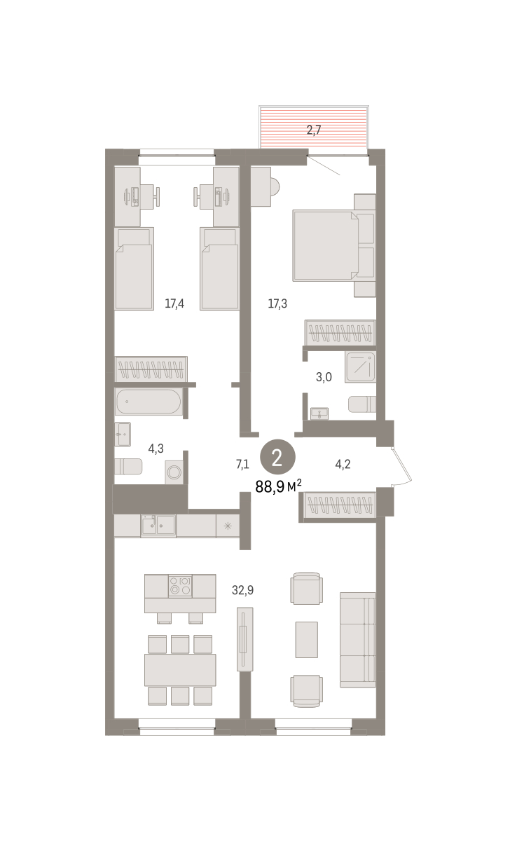 Планировка: 2-комнатная 88.9 м² в ЖК Речной порт, Центр: Дом печати
