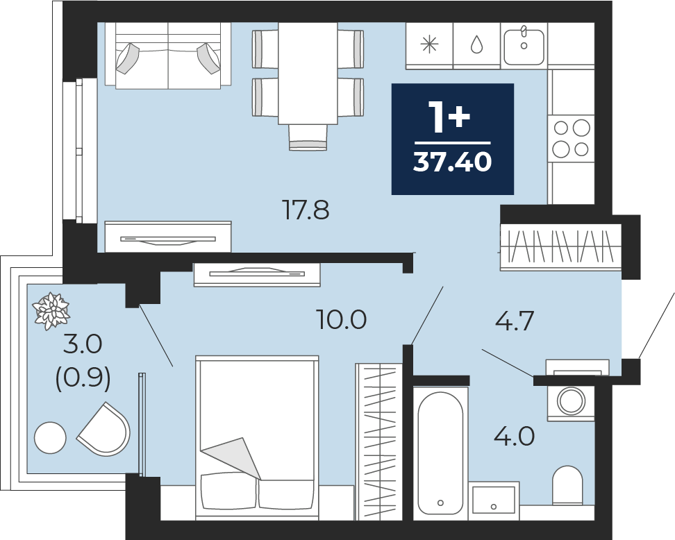 Планировка: Евродвушка 39.5 м² в ЖК Мириады, Мыс