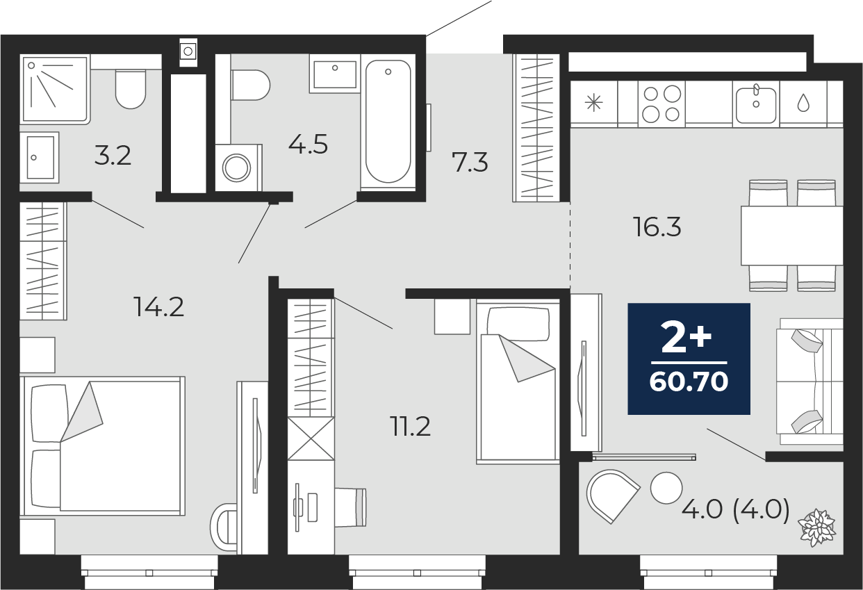 Планировка: Евротрешка 60.7 м² в ЖК Мириады, Мыс