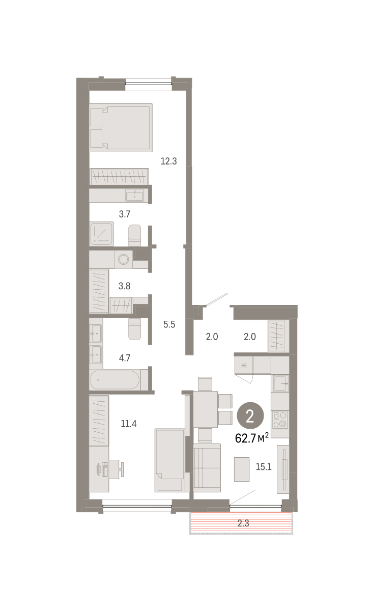 Планировка: Евротрешка 62.6 м² в ЖК Октябрьский на Туре, ДОК