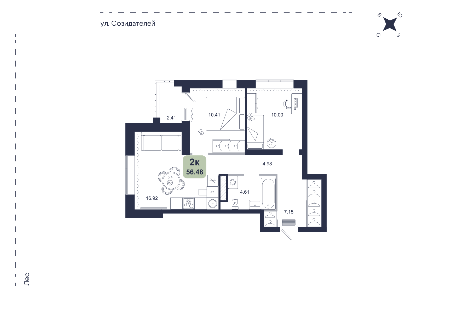 Планировка: Евротрешка 56.5 м² в ЖК Хито, От Слободы до Комарово парк