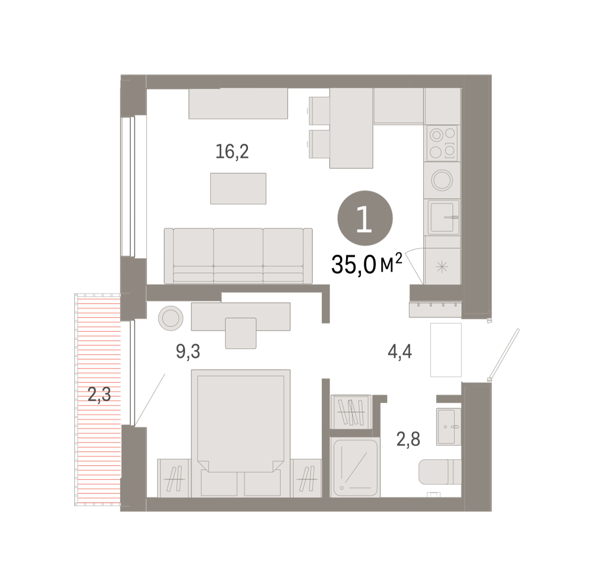 Планировка: 1-комнатная 35 м² в ЖК Октябрьский на Туре, ДОК