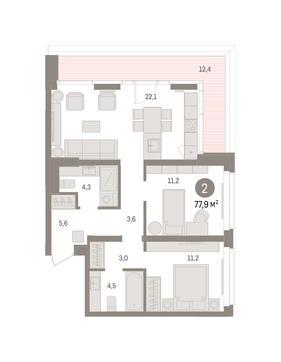 Планировка: 2-комнатная 77.9 м² в ЖК На Минской, Центр: Драмтеатр