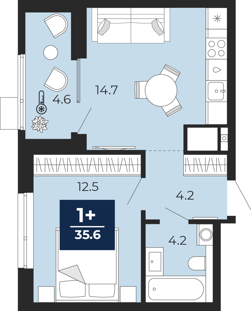 Планировка: Евродвушка 40.7 м² в ЖК Мириады, Мыс