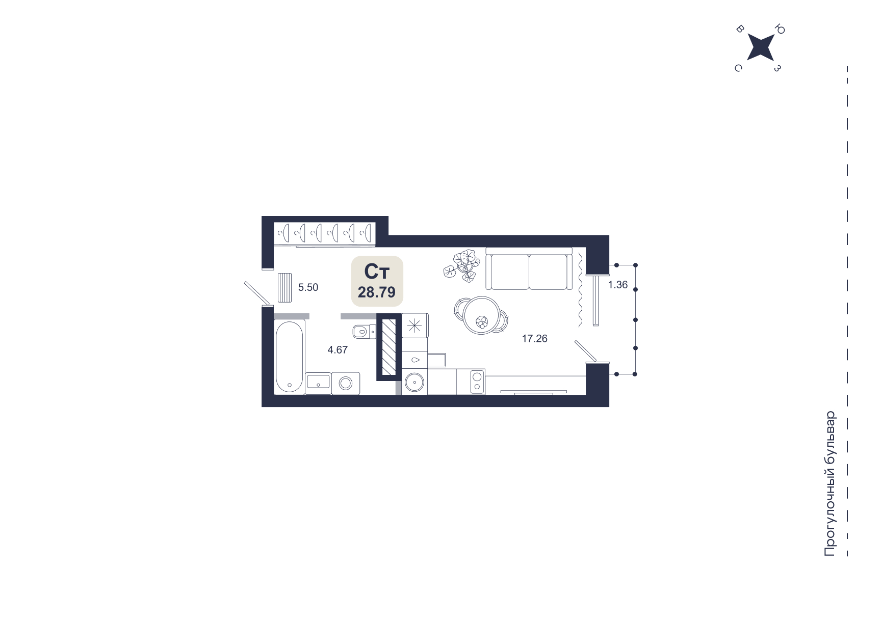Планировка: Студия 28.8 м² в ЖК Хито, От Слободы до Комарово парк
