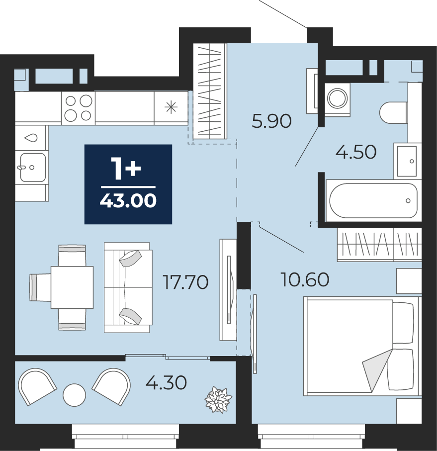 Планировка: Евродвушка 43 м² в ЖК Айвазовский, 5-й Заречный
