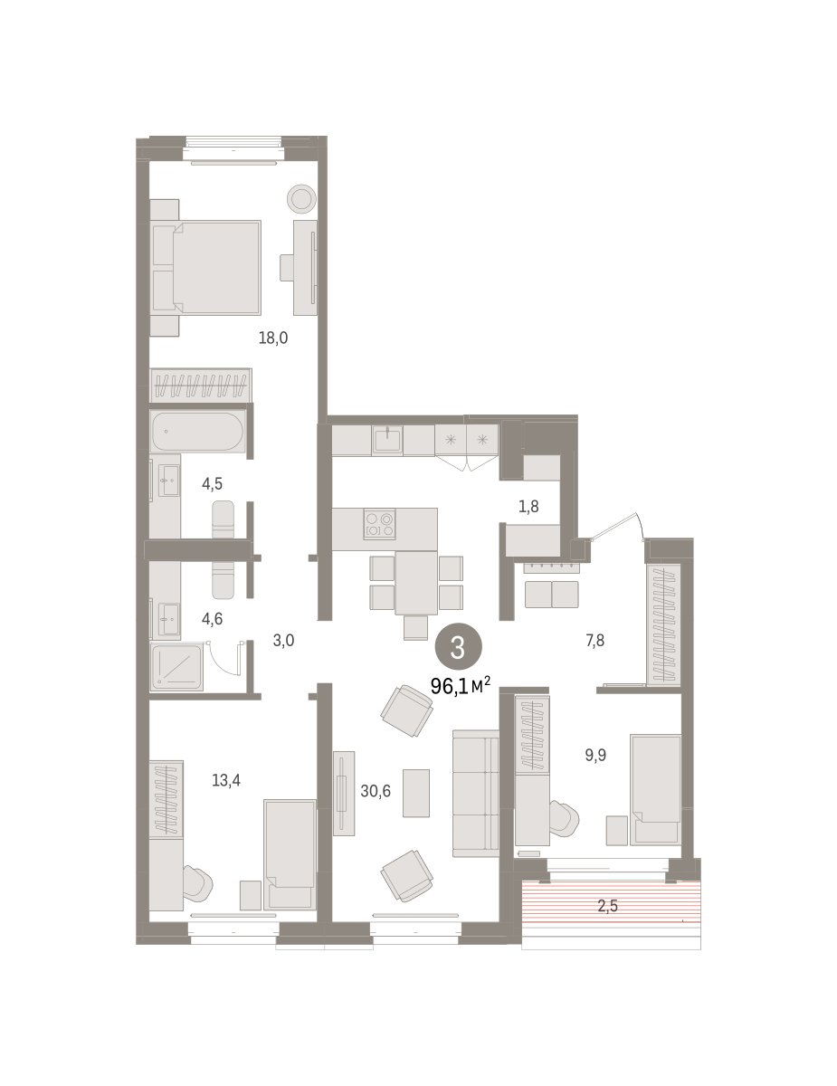 Планировка: 4-комнатная евро 96.1 м² в ЖК На Минской, Центр: Драмтеатр