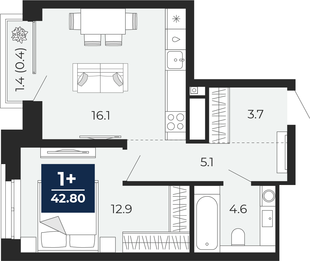 Планировка: Евродвушка 43.8 м² в ЖК Мириады, Мыс