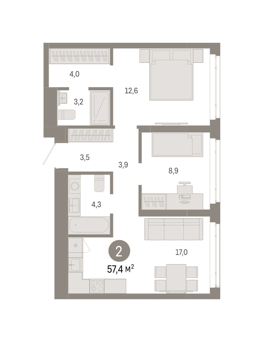 Планировка: Евротрешка 57.4 м² в ЖК Республики 205, Центр: КПД