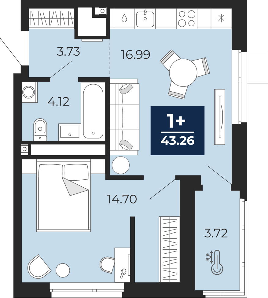 Планировка: Евродвушка 43.3 м² в ЖК Мириады, Мыс
