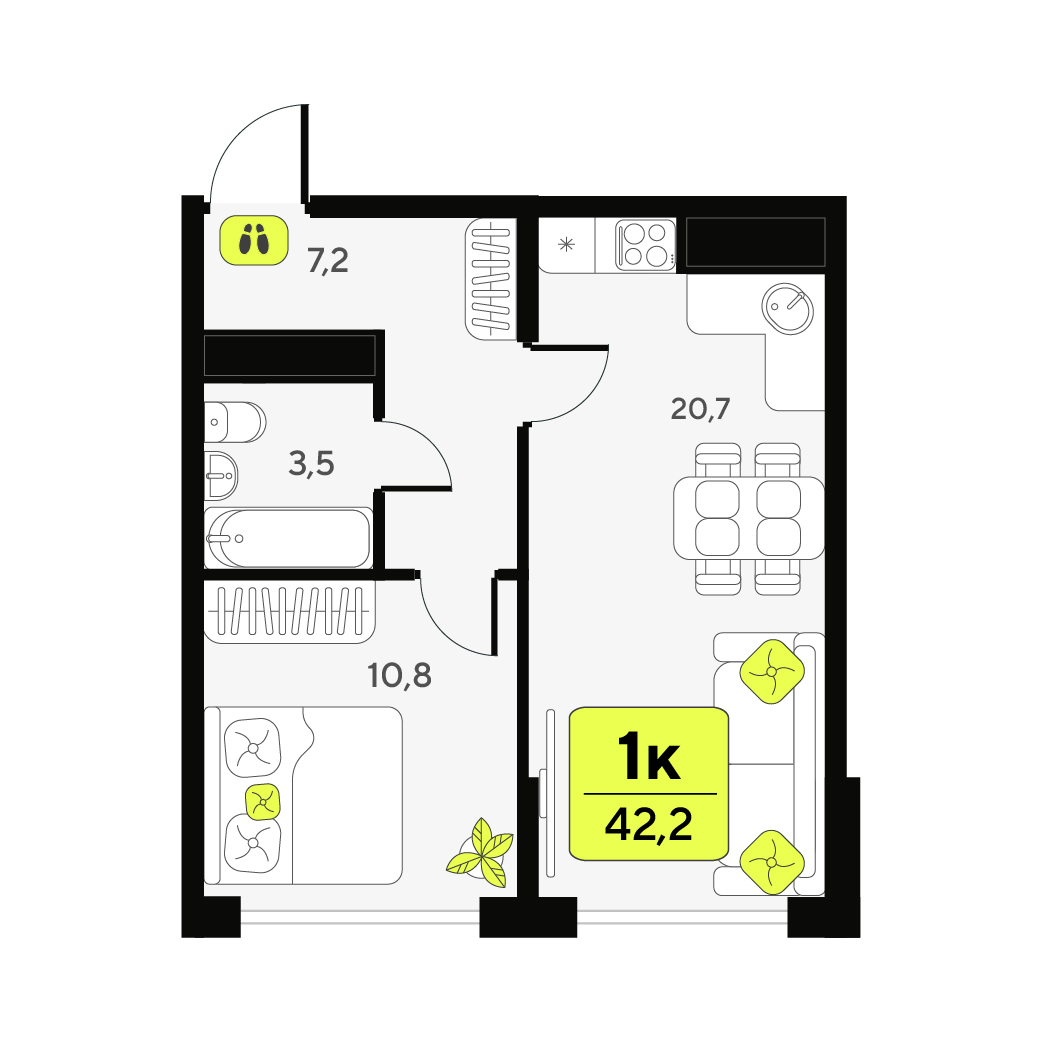 Планировка: Евродвушка 42.2 м² в ЖК Дивный квартал у озера, 5-й Заречный