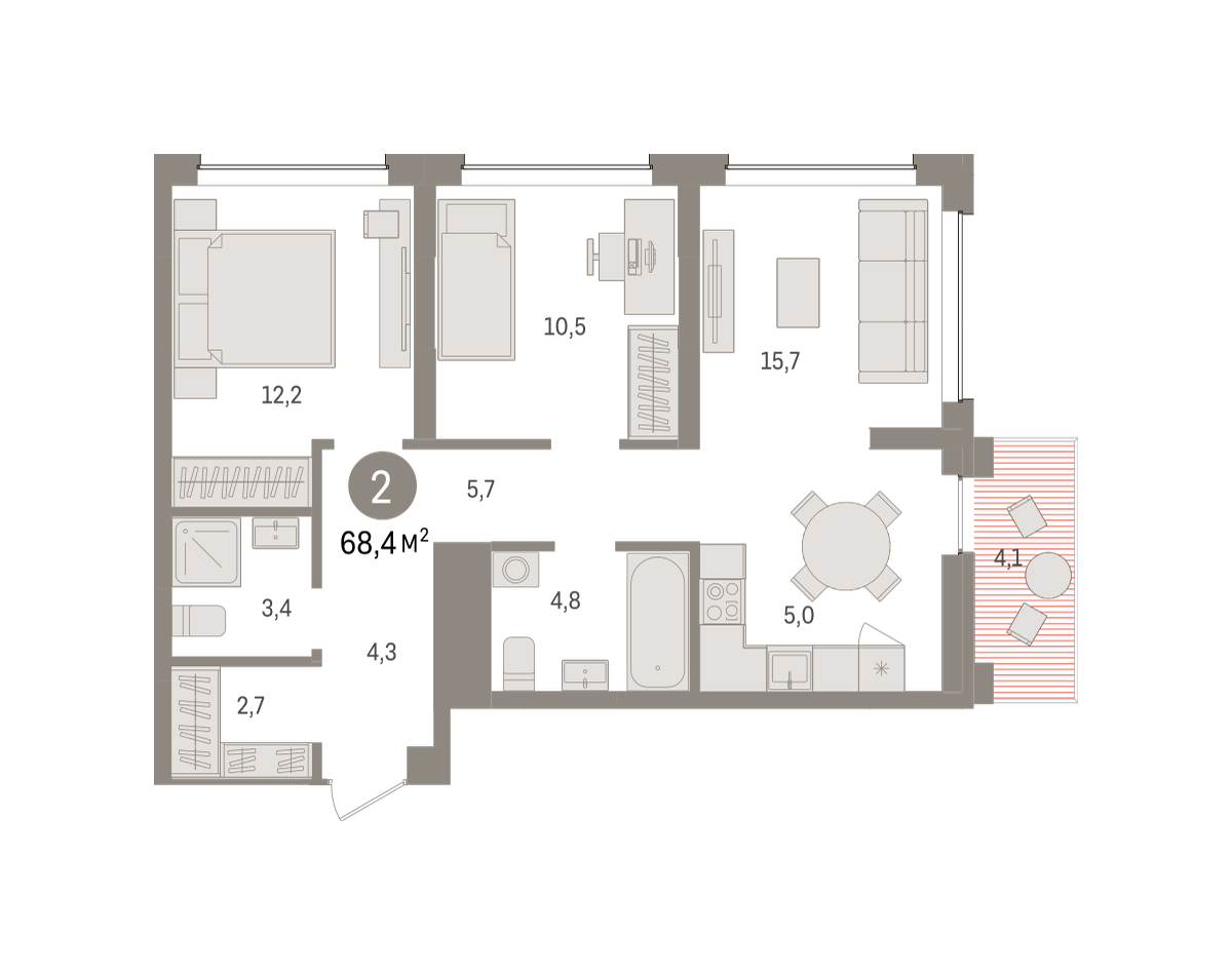Планировка: Евротрешка 68.4 м² в ЖК Дом у озера, Европейский