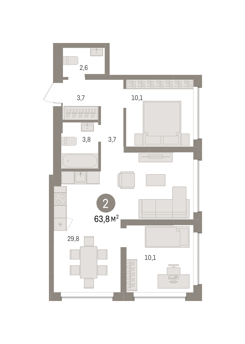 Планировка: Евротрешка 63.8 м² в ЖК Дом у озера, Европейский
