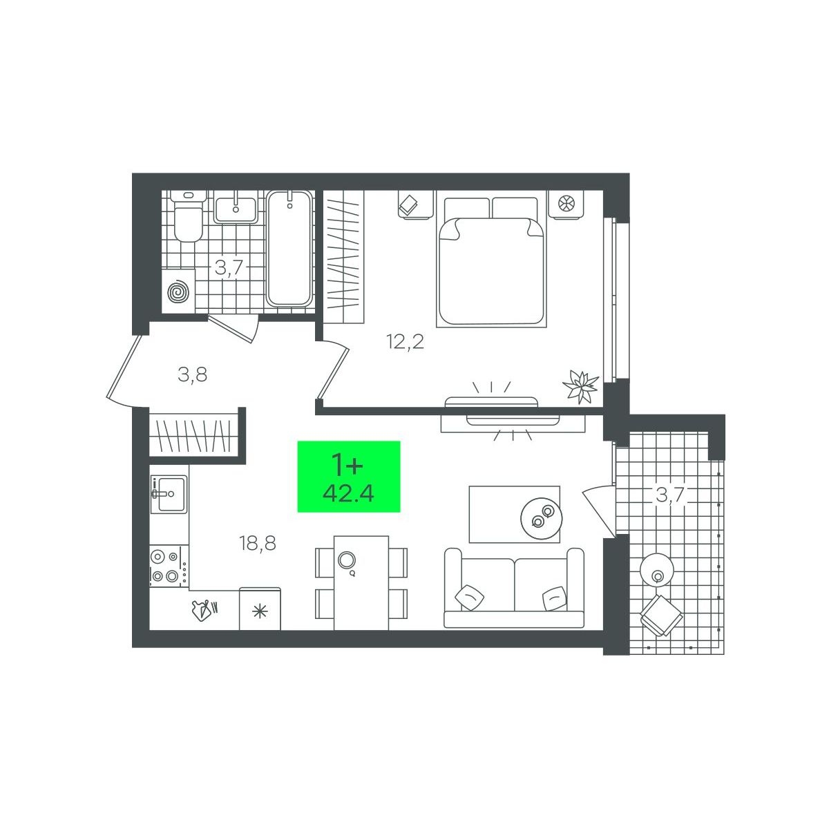 Планировка: Евродвушка 42.4 м² в ЖК Сезоны, От Слободы до Комарово парк